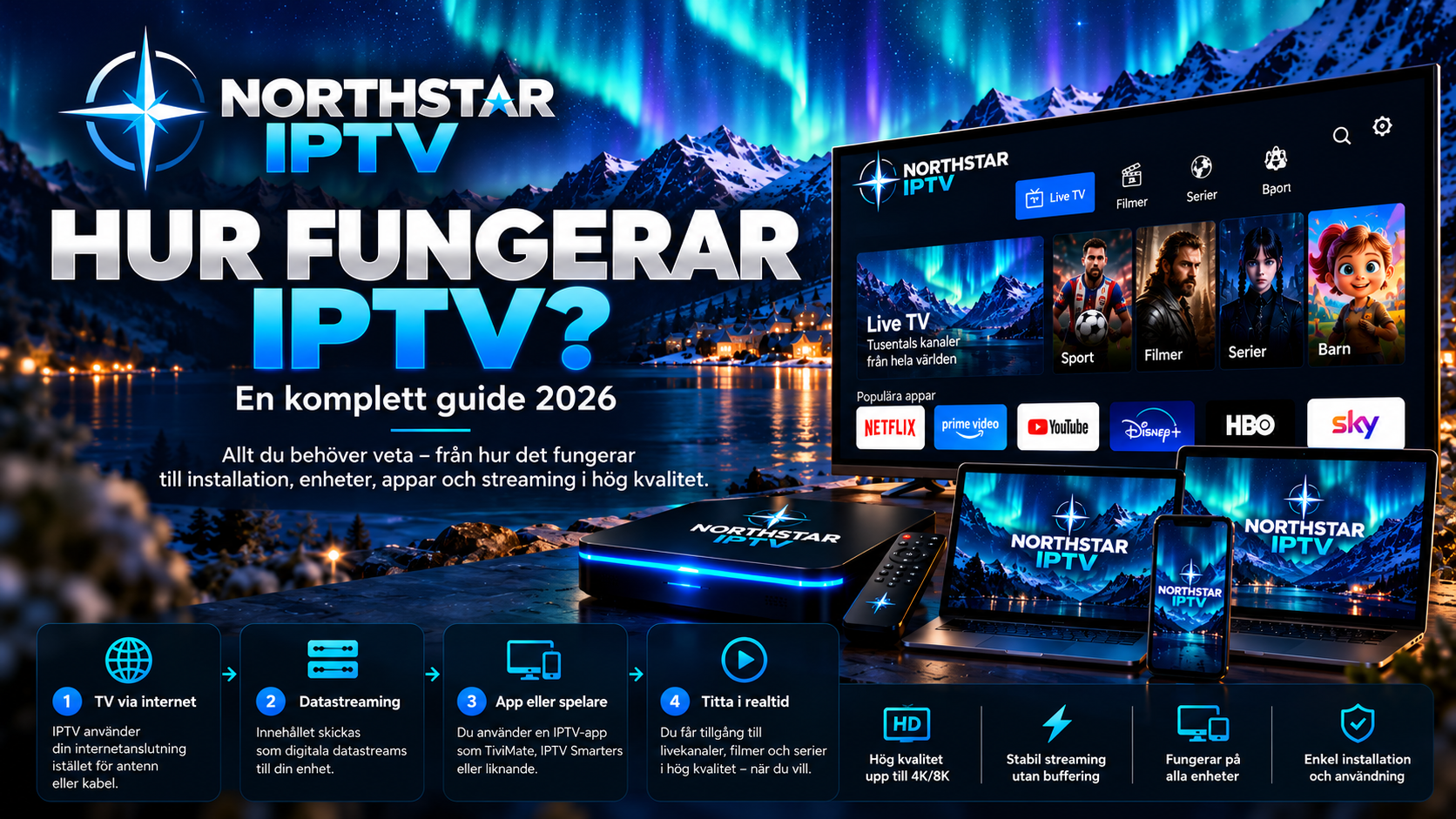 Hur fungerar IPTV – professionell nordisk hero-grafik i mörkblått och turkost, 16:9