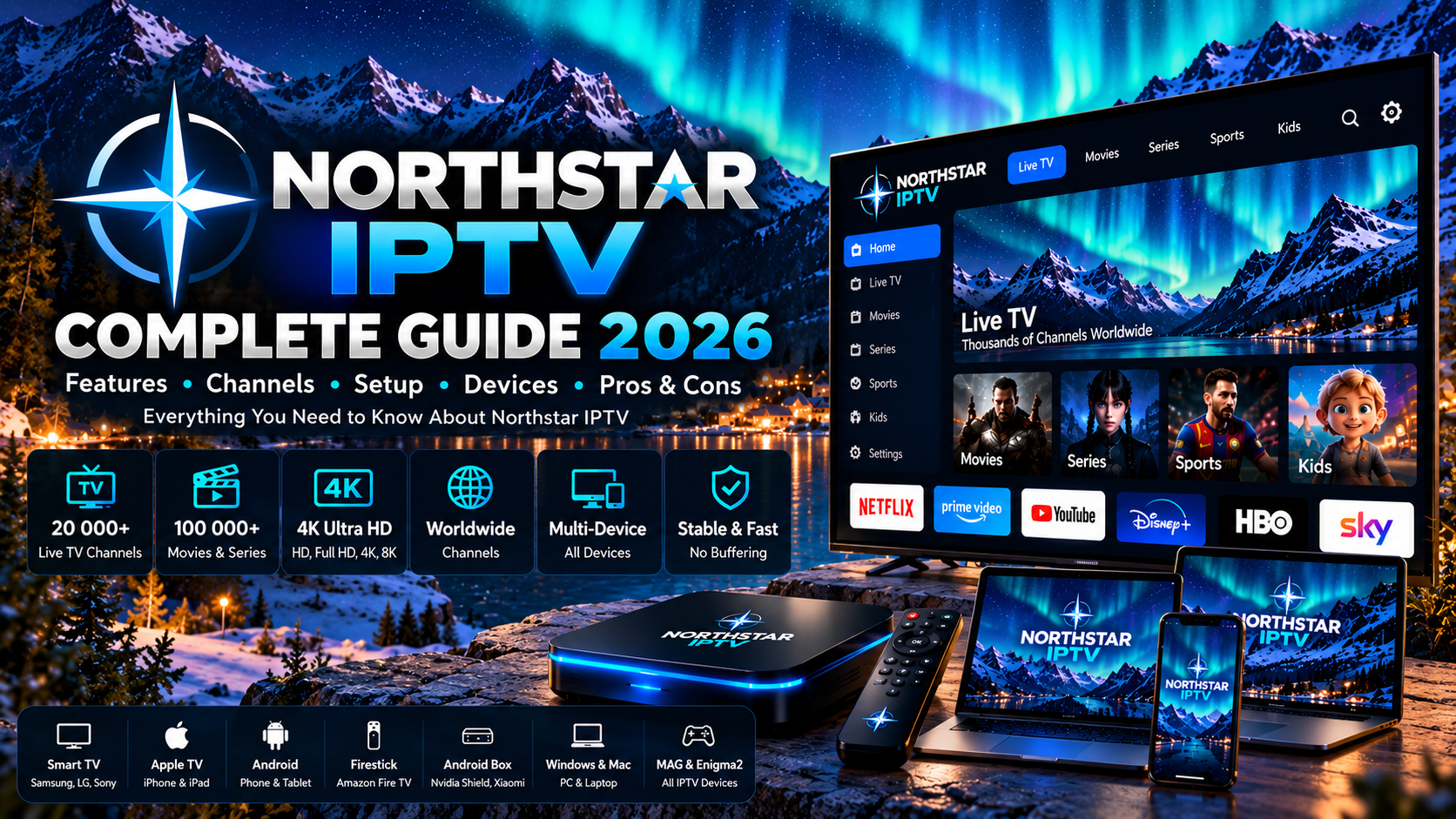 Northstar IPTV Complete Guide 2026 – Nordic aurora, streaming devices and dark blue cyan branding